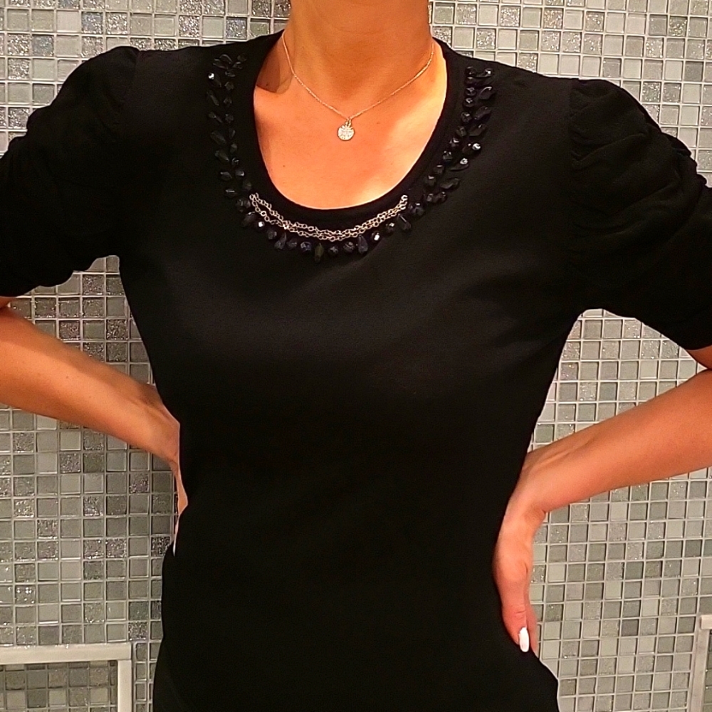 Black Sparkly Beaded Knit Top, Short Ruched Sleeves, M
